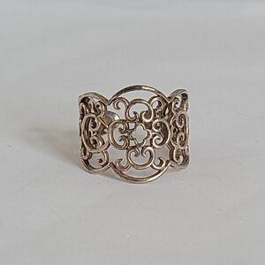 Vintage Victorian Sterling Silver Filigree Swirls Wide Cigar Ring Adjustable